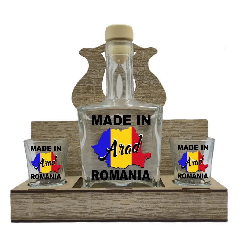 Made in arad romania, suport din lemn cu sticla si 2 pahare, model hgs027